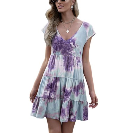 Djup V-ringad Tie Dye Tryck Klänning Dam Elegant Casual Gradient Lös Fåll Kortärmad Trappklänning Lila L