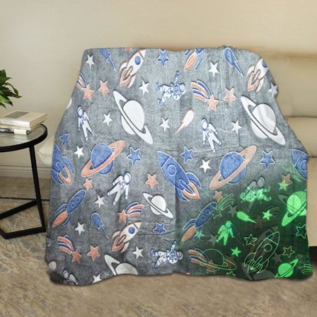 Glow In The Dark Fleece Plaidfilt för Barn, Unicorn Glow in the Dark Filt, (Rymdskepp 100*150cm)