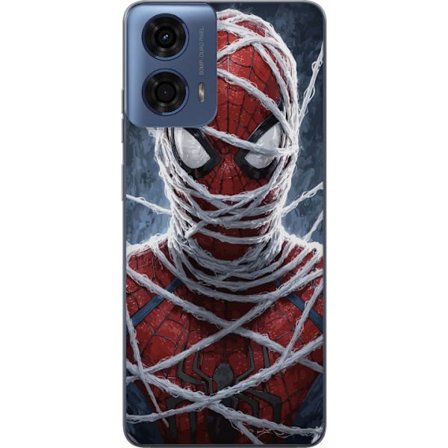 Kompatibel Mobilcover til Motorola Motorola Moto G24 Spider-Man dækket af tætte netlag i et dramatisk nærbillede, der fremhæver maskens struktur o
