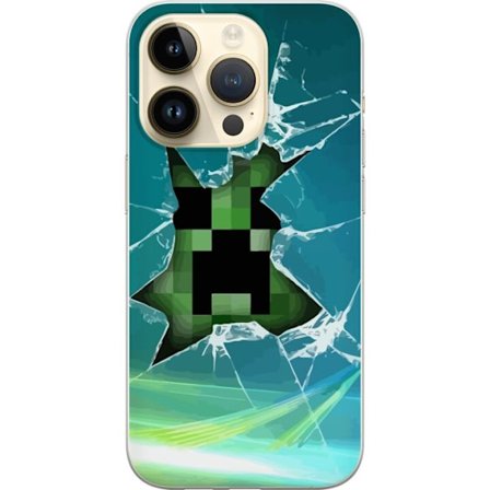 Kompatibelt Mobilskal till Apple Apple iPhone 14 Pro Minecraft Creeper genom krossat glas med dramatisk explosionseffekt där ikoniska Creeper bryter