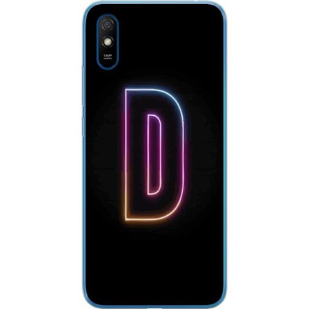 Kompatibel Mobilcover til Xiaomi Xiaomi Redmi 9A Minimalistisk neonbogstav D i farveskiftende lys mod sort baggrund i moderne digital design