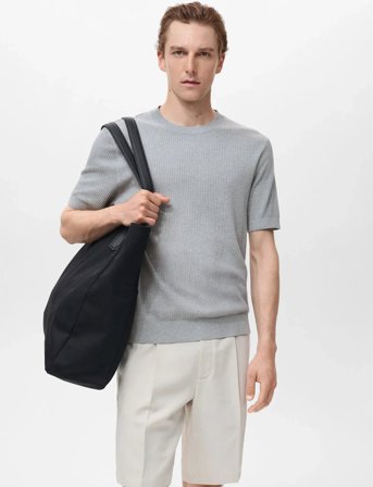 Mango Ribbed Knit T-Shirt - Grey - M