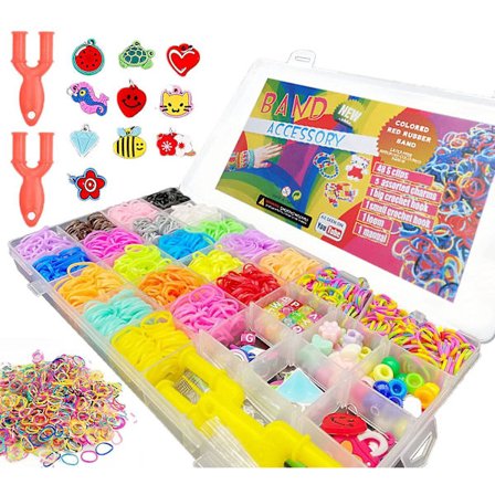 (32 Grids) Elastiska armbandssatser, gör-det-själv-armbandssatser, elastiska armbandsvävstol, 23 färger gummiband + pärlor + berlocker + bokstäver +