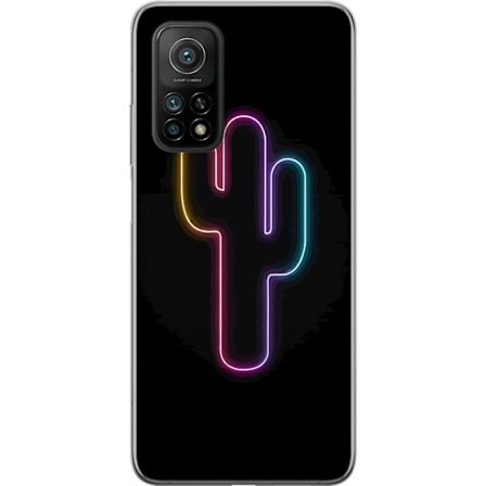 Yhteensopiva Puhelinkuori Xiaomi Xiaomi Mi 10T Pro 5G Neonpiirros kaktuksista vaaleanpunaisessa ja sinisessä valossa tummaa taustaa vasten