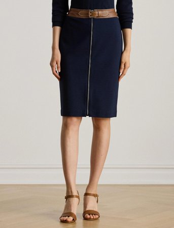 Lauren Ralph Lauren Faux-Leather-Trim Ponte Pencil Skirt - Navy - 36