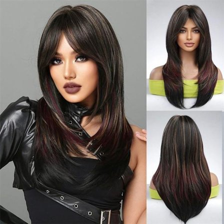 Ægte hår paryk til kvinder, skulderlang, lige, med pandehår