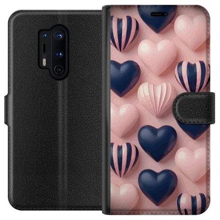 Kompatibelt Lommeboketui til OnePlus 8 Pro Myke tredimensjonale hjerter i rosa og marineblå toner i et romantisk mønster