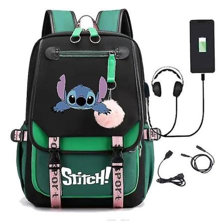 16 tums Cartoon Stitch Ryggsäck USB Pojkar och Flickor Dagis Bokväska Barn Skolväska Barn börjar skolan Gåva ryggsäck Light Green