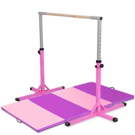 COSTWAY Gymnastiktræningsstang med Foldemåtte 240 x 120 x 5CM Højdejusterbar Vægtkapacitet 100KG til Skole