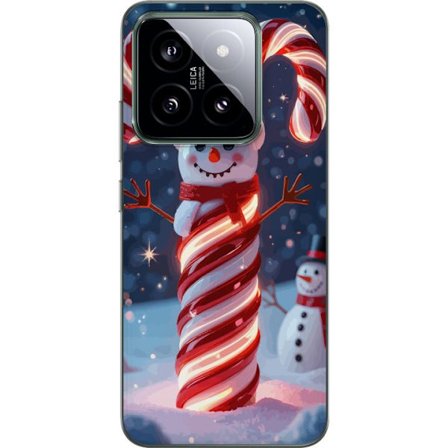 Xiaomi 14 Läpinäkyvä kuori Kimalteva joulukaramelli lumiukko muodostettu karkkipuikoilla, jotka loistavat lämpimästi talvimaisemassa, jossa on lu