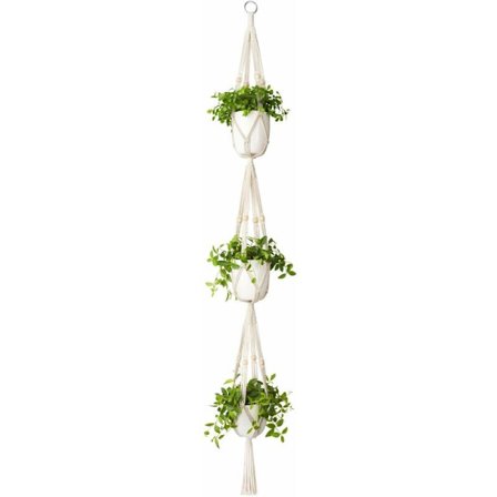 Macrame planteophæng 3 niveauer indendørs udendørs hængende planteholder bomuldsreb med perler 177cm KLB