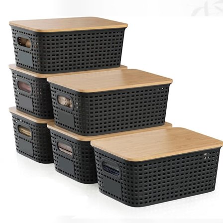 6-pak opbevaringskasser i plast med bambuslåg – stabelbare opbevaringskurve til hylder, skrivebord, garderobe_TF_TF