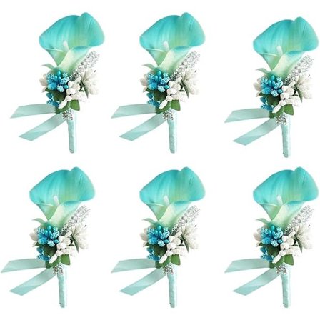 Calla Lily Blå Boutonniere Håndlaget Silkeblomst med Bånd Corsage for Brud Grooms Bryllup Fest 6 Pakker