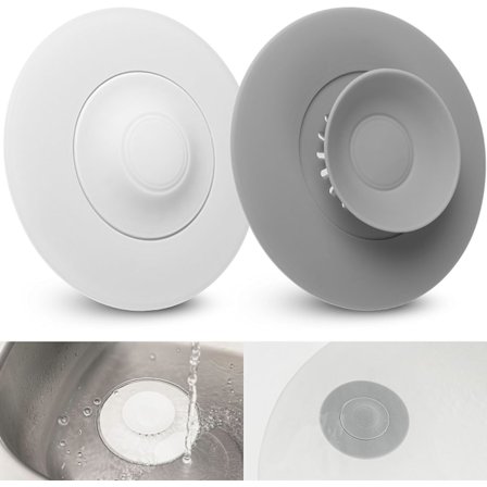 Universal avløpshette, 2 deler, Ø 10 cm, hvit + grå, silikon, integrert filter for matrester og hår