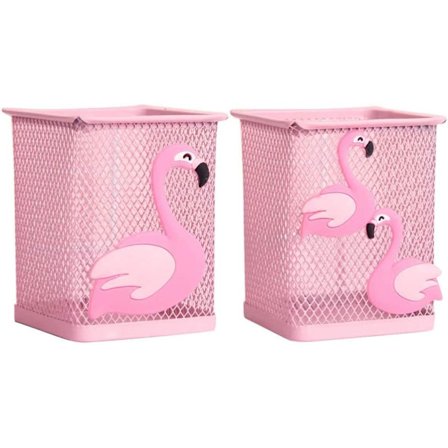 2 kpl söpö metallinen kynäteline toimistoon, kotiin, työpöydälle, neliönmuotoinen vaaleanpunainen kynäteline, meikkisivellinteline tytöille (flamingo)