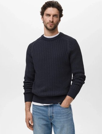 Mango 100% Cotton Braided Sweater - Navy - S