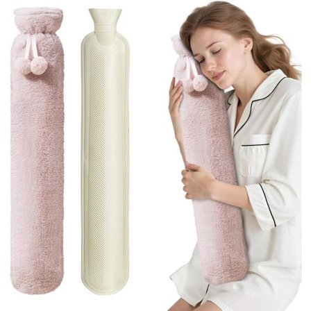 Ekstra lang varmeflaske med trekk, 2,5 liters gummivarmeflaske for kramper, kompress og smertelindring, avtakbar