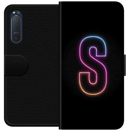 Yhteensopiva Lompakkokotelo Sony Sony Xperia 5 II Neonkirjain S kirkkaissa pinkissä ja sinisissä sävyissä tummaa taustaa vasten, siisti kirjaintai