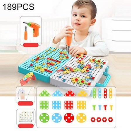 Elektrisk skruetrækker legetøj værktøjskasse til børn, Model: 2d + Elektrisk boremaskine + Oplader (189 dele)