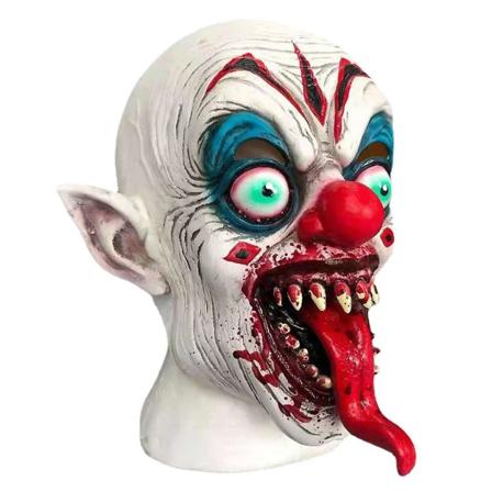 Halloween-mask med läskig clown, blodig lång tunga, röd näsa och djävulskostym