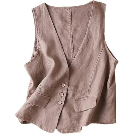 Dame Vest i Bomuldslinned, Afslappet Løs V-hals Ærmeløs Vestjakke Khaki Khaki S
