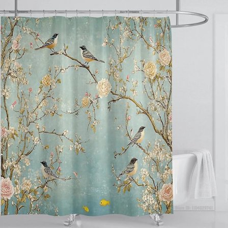 Bruseforhæng med akvarelblade, vandtætte blomstrede planteblade stof badeværelsesgardiner med kroge, B180xH200cm