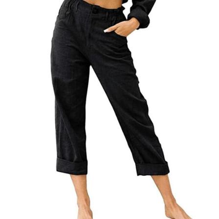 Kvinnors vidbenta bomullslinne Casual byxor med hög midja Black 3XL