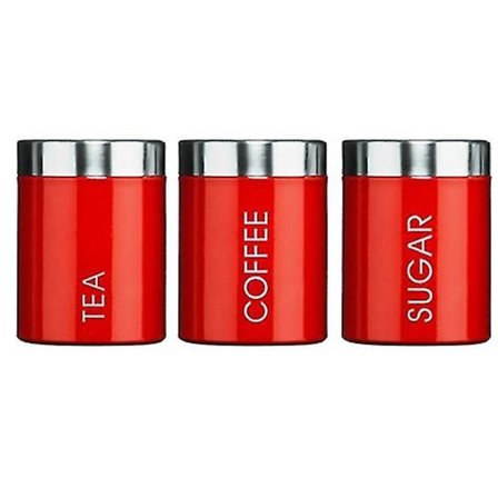 Rødt sett med 3 te-, kaffe- og sukkerbokser kjøkkenoppbevaringsbeholdere krukker potter (10 cm x 12 cm hver) Jb51-3