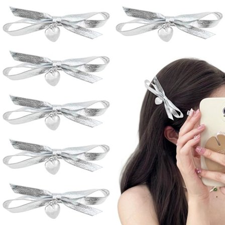 6 PAK Sølv Læder Hjerte Vedhæng Sløjfe Hårklemmer Sølv Hår Tilbehør Hjerte Hårnål Kawaii Sød Metal Hjerte Hår B