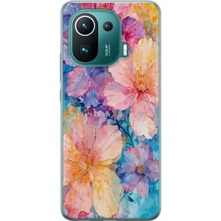 Kompatibelt Mobildeksel til Xiaomi Xiaomi Mi 11 Pro Akvarellmaling med store blomster i rosa, blå og gule toner i en myk kunstnerisk stil.
