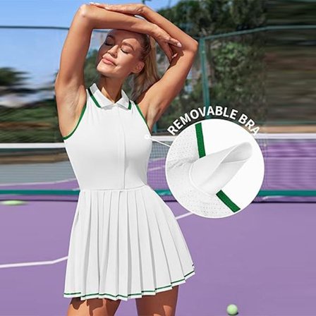 Charmleaks Dame Tennis Kjoler Ribbestrikket Polo Golfkjole Halv Glidelås Plissert Treningskjole med Innebygde Shorts og BH