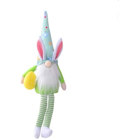 Påskepynt, ansiktsløs påskehare, dverghare med gulrotnese, lange ben, plysjleker