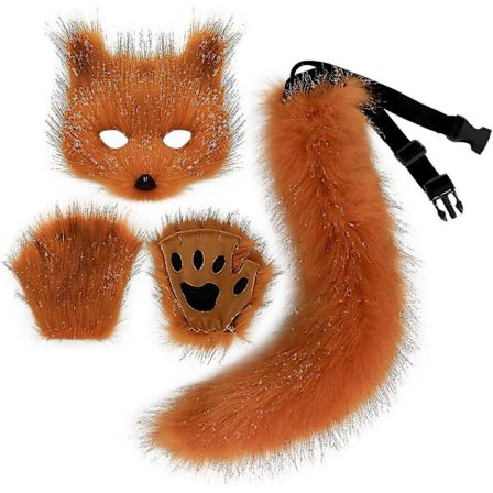 Faux pälsräv svans katt varg cosplay kostym set plysch mask fluffiga tass handskar Halloween jul(räv)