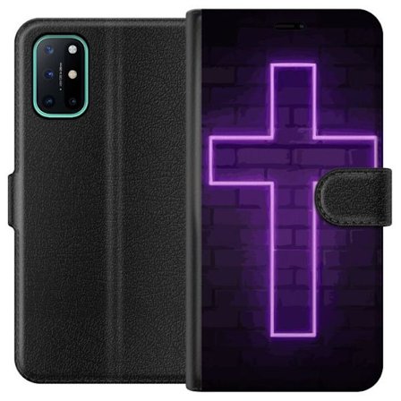 Yhteensopiva Lompakkokotelo OnePlus OnePlus 8T Neonristi purppuranvalossa tummaa tiiliseinää vasten, symbolinen motiivi vahvalla hohto moderni estee