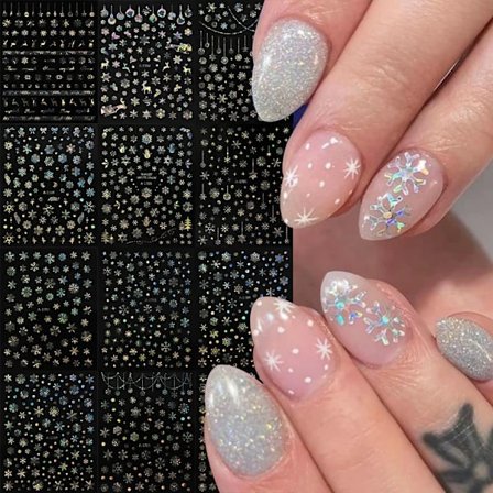 12 hopeista 3D-lumikukkaa kynsitarraa glitterillä, joulukuusi-, lumiukkomalleja [YDE]