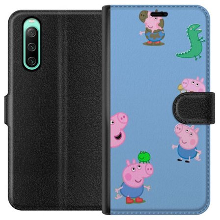 Yhteensopiva Lompakkokotelo Sony Xperia 10 IV Peppa Pig kasvomalli vaaleansinisellä pohjalla, toistuva leikkisä lasten motiivi Greeta Possulla