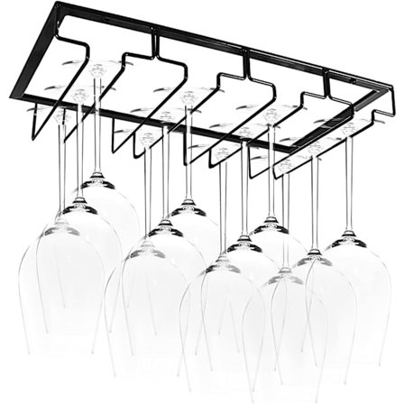 Glasstativ til køkkenbar, vinhylde med flere rækker til under skab, nem at installere sort metal vinglasholder, pladsbesparende vin