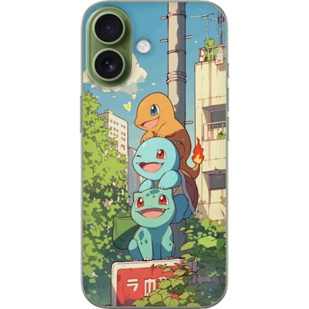 Kompatibelt Mobildeksel til Apple iPhone 17 Bytrio tre glade små skapninger i et urbant miljø med blå himmel og grønne trær