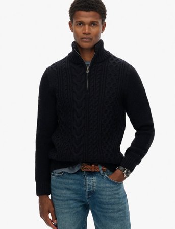 Superdry Jacob Cable Knit Half Zip - Black - L