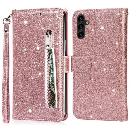 For Samsung Galaxy A56 5G Stående Glitterdeksel med Glidelåslomme - Rose Gold