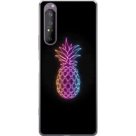 Yhteensopiva Puhelinkuori Sony Sony Xperia 1 II Neonkuvitus ananaksesta värikkäässä valossa mustaa taustaa vasten