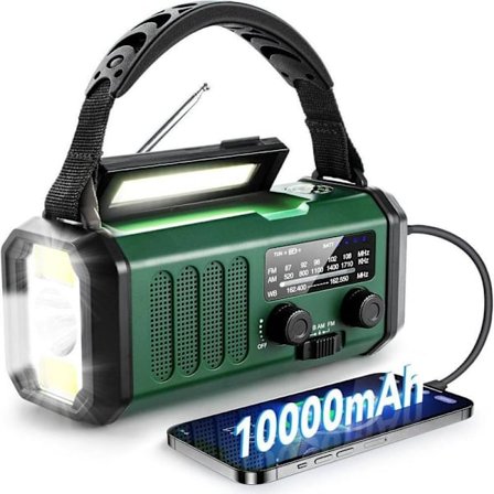 Nødradio 10000mAh med lommelykt, soldrevet sveiveradio, AM/FM-væradio, SOS-alarm, Type-C-lading