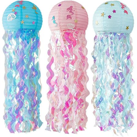 3-pack hängande manetpapperslyktor, lyktor med ljusa remsdekorationer och sjöjungfrusticket