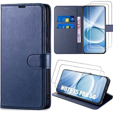 Cover + 2 Belagte Glas til Xiaomi Redmi Note 15 Pro 5G - Anti-Rids Stødabsorberende PU Læder Mørkeblå