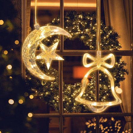 2 kpl LED jouluikkunavalo, välkkyvä jouluverhovalo, riippuvat valot (lämmin valo, kuu ja kello) [Energialuokka A]