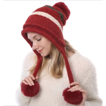 Strikket hue med pompon-øreklapper til vinter, dame rød