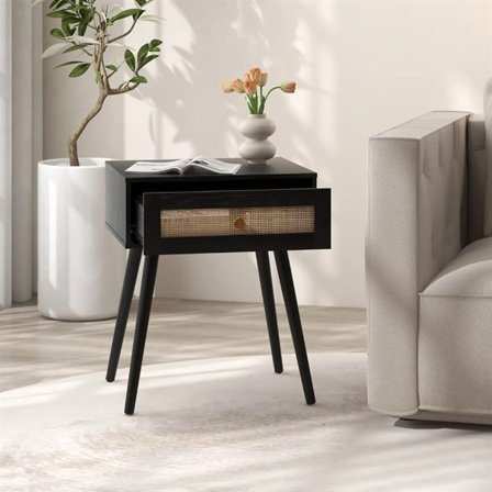 Nattbord i tre med skuff og rottingdetaljer - Svart