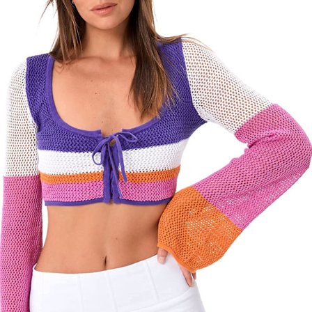 Heklet, hul strikket genser for kvinner, crop tops, langermet genser, cropped