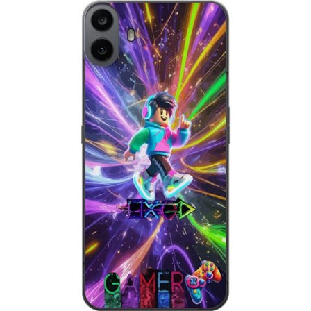 Kompatibelt Mobilskal till Nothing Nothing CMF Phone 1 Energifylld gamingillustration med blockliknande figur, neonfärger, ljuseffekter och rörelse