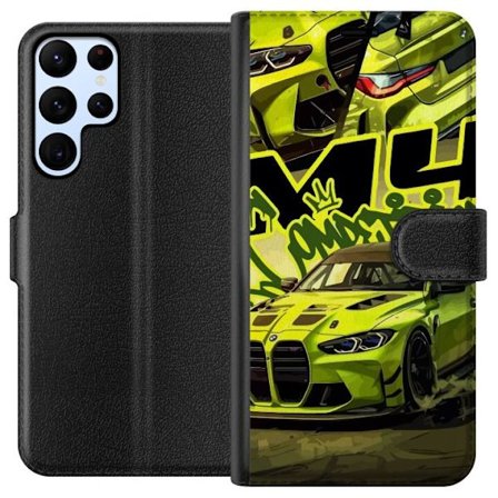 Kompatibel Tegnebogsetui til Samsung Galaxy S22 Ultra 5G Bluey-familien i glad tegnestil med blomsterbaggrund og legende farvepalet